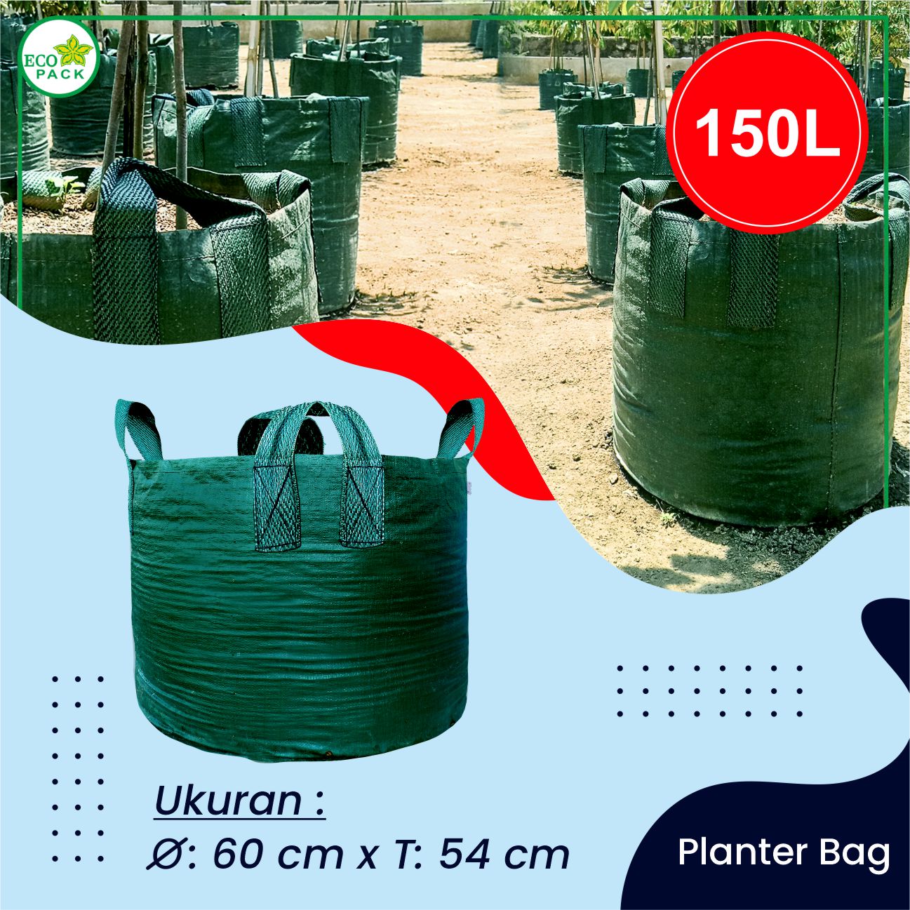 Eco Pack Planter Bag 150 Liters Green HDPE 4 Handles